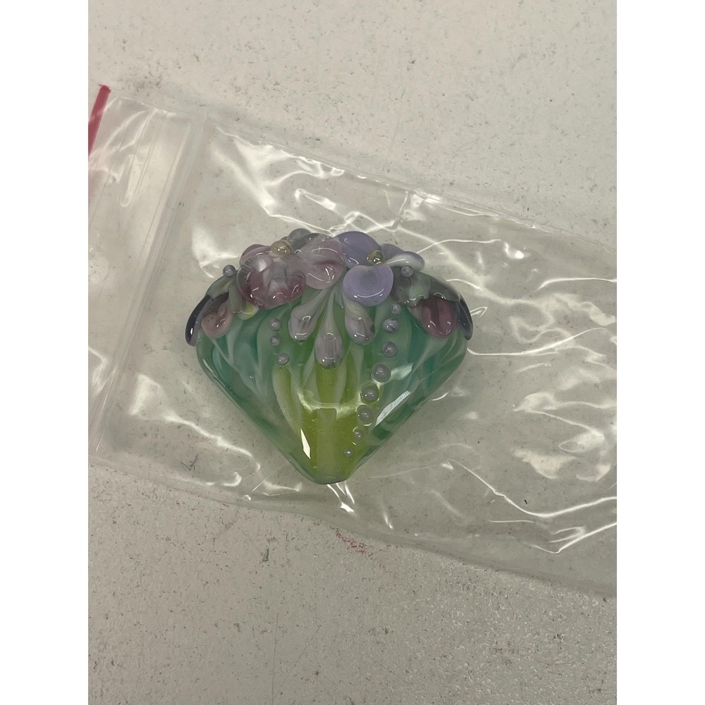 Natalie Zhitomyrsky Lampwork Glass Floral Heart Focal Bead Green Purple
